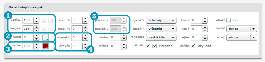 Mező tulajdonságai: szélesség, magasság, helyzet, sarok, háttér, árnyék