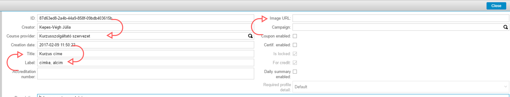 Általános kurzusadatok megadása