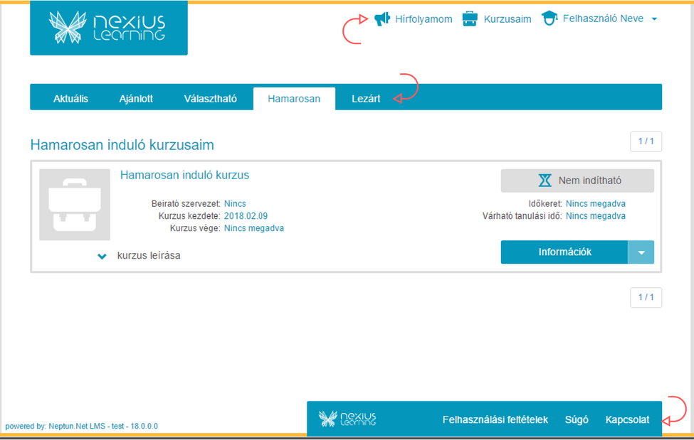A tanulói felület menüje