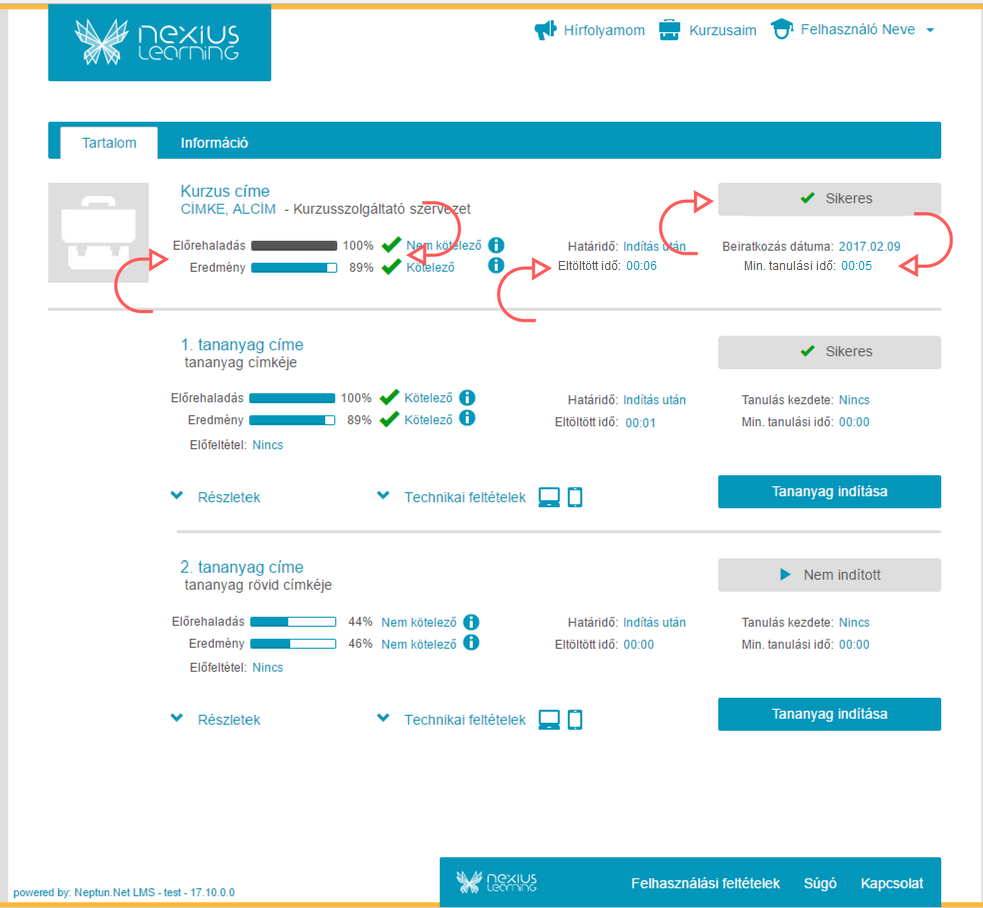 kurzuseredmények a tanulói felületen