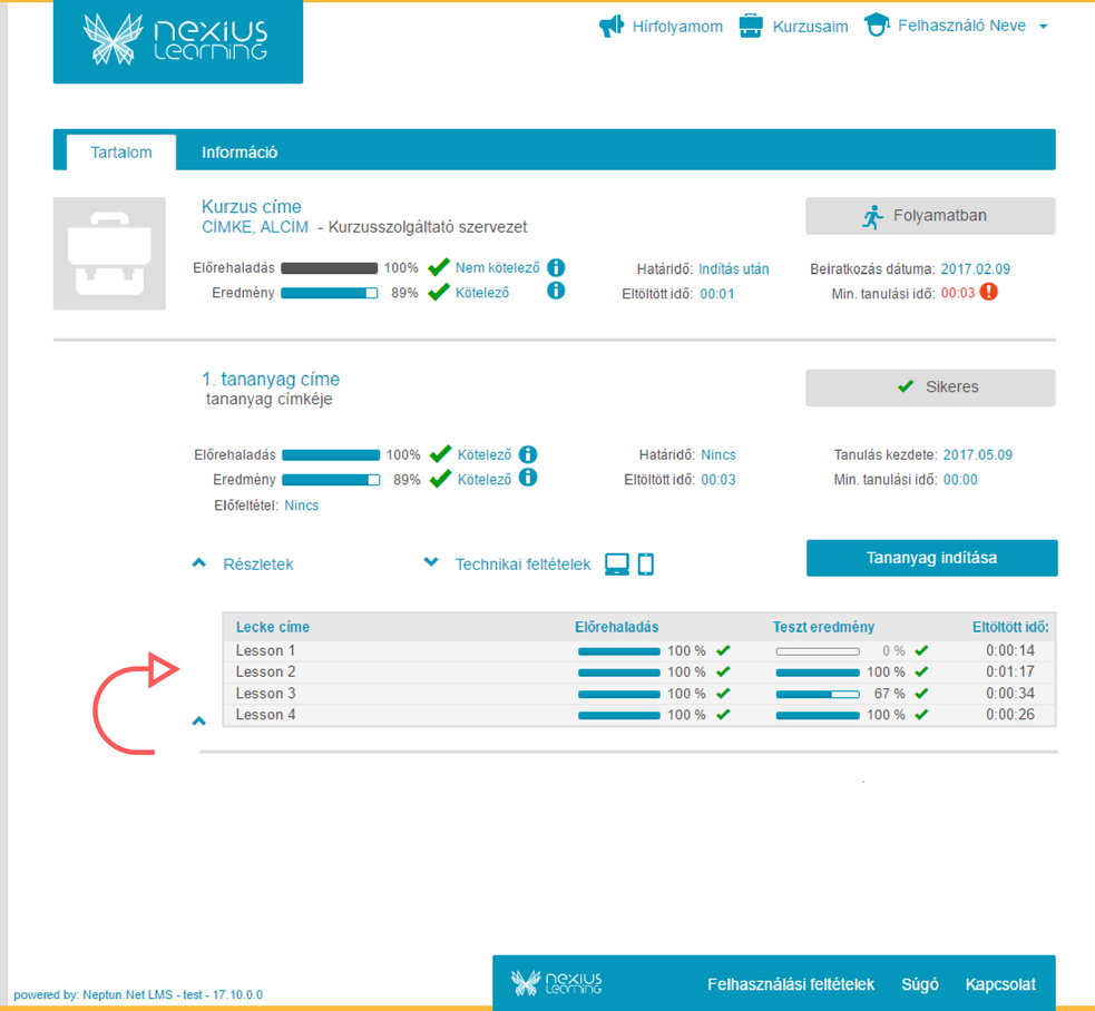 leckeszintű eredmények a tanulói felületen
