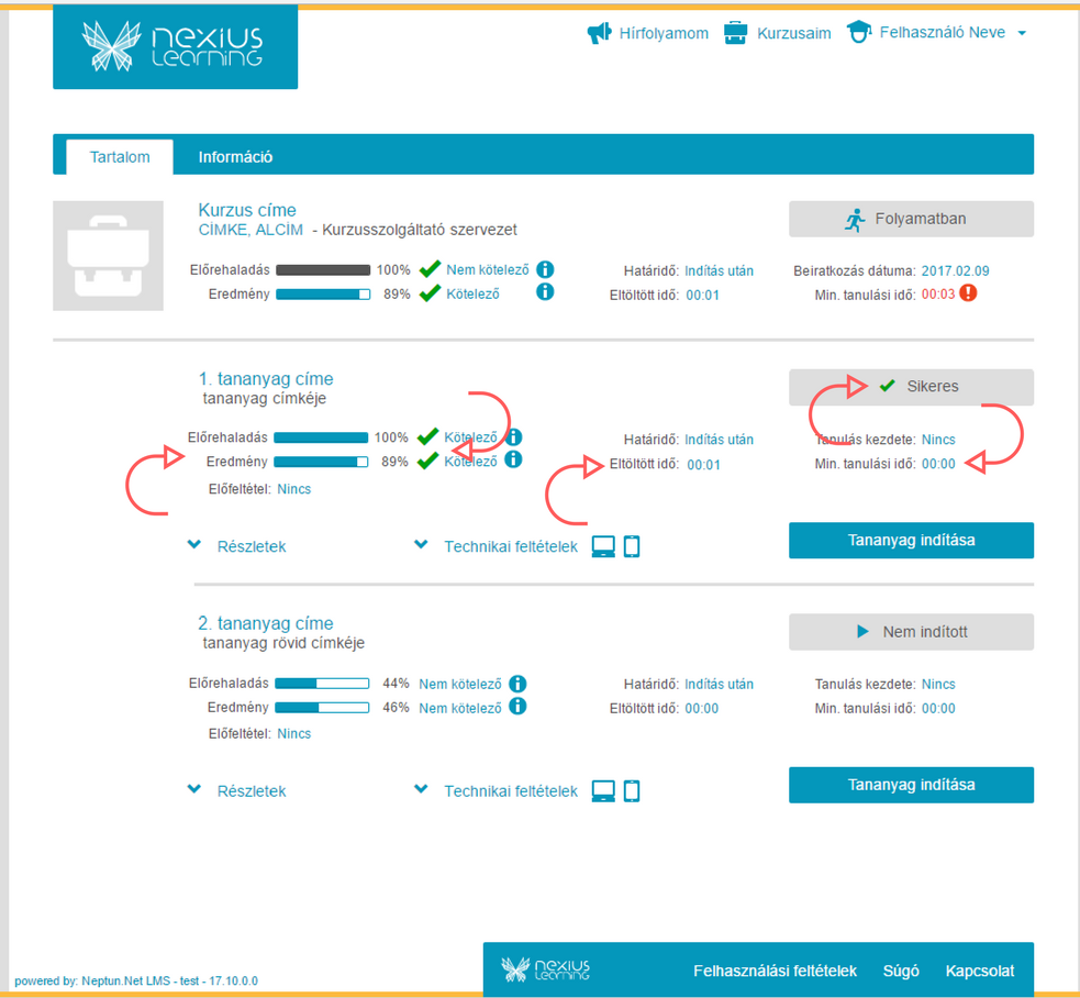tananyageredmények a tanulói felületen